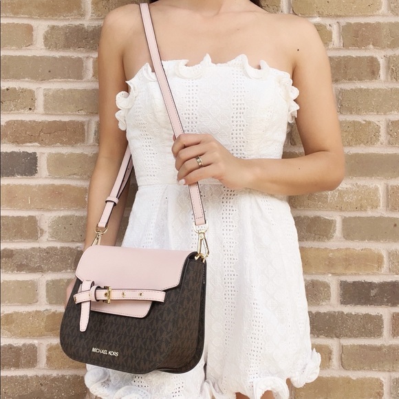 Michael Kors Emilia Small Saddle Crossbody Brown MK Signature Powder Blush Pink - Picture 3 of 4